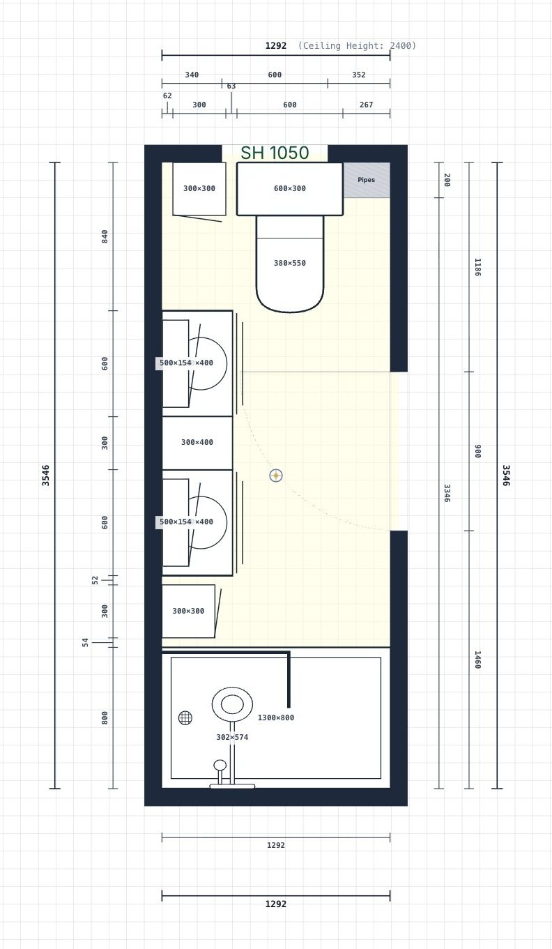 A 1.3-metre-wide shower room plan drawn in KBB Go